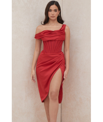 Robe Rouge Corset à Col Bénitier en ligne