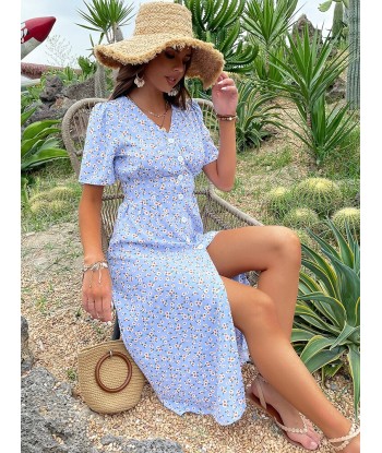 Robe Bleue Fleurie Mi-Longue soldes