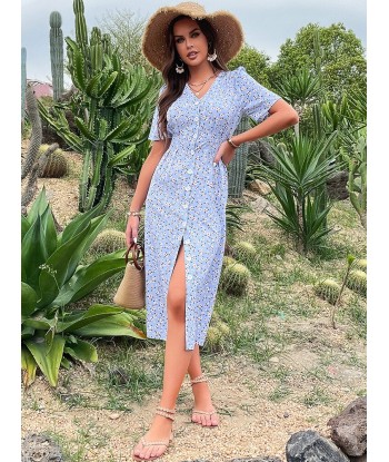 Robe Bleue Fleurie Mi-Longue soldes