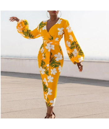 Robe Moulante Fleurie Jaune pas cher